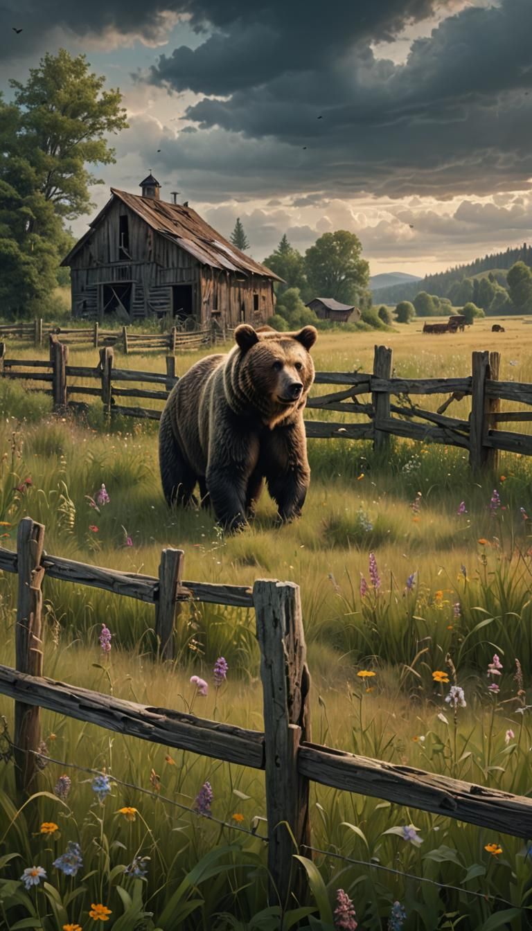Bear in Wildflower Field with Ruined Barn