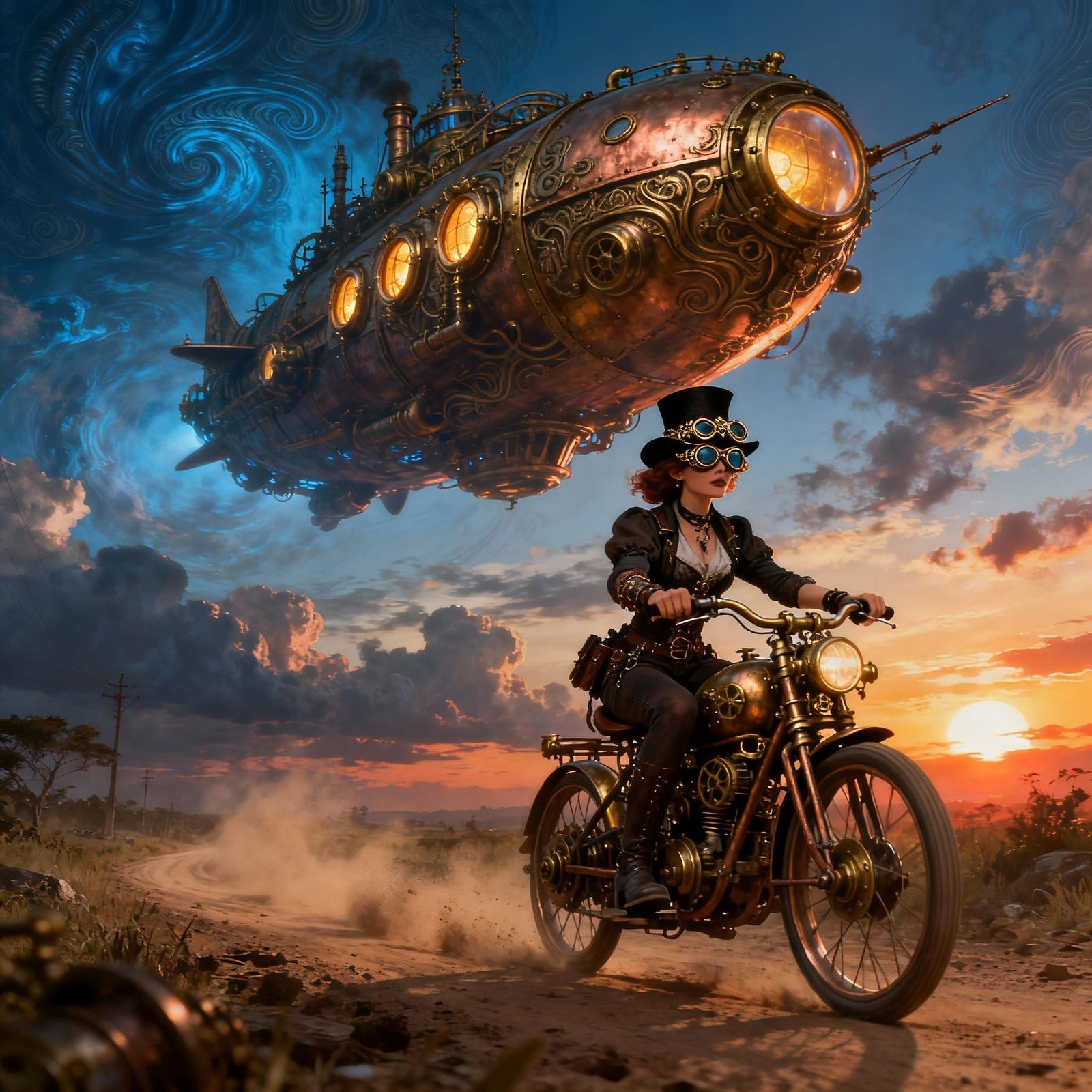 Steampunk Lady Rides Tricycle Under Spaceship at Sunset