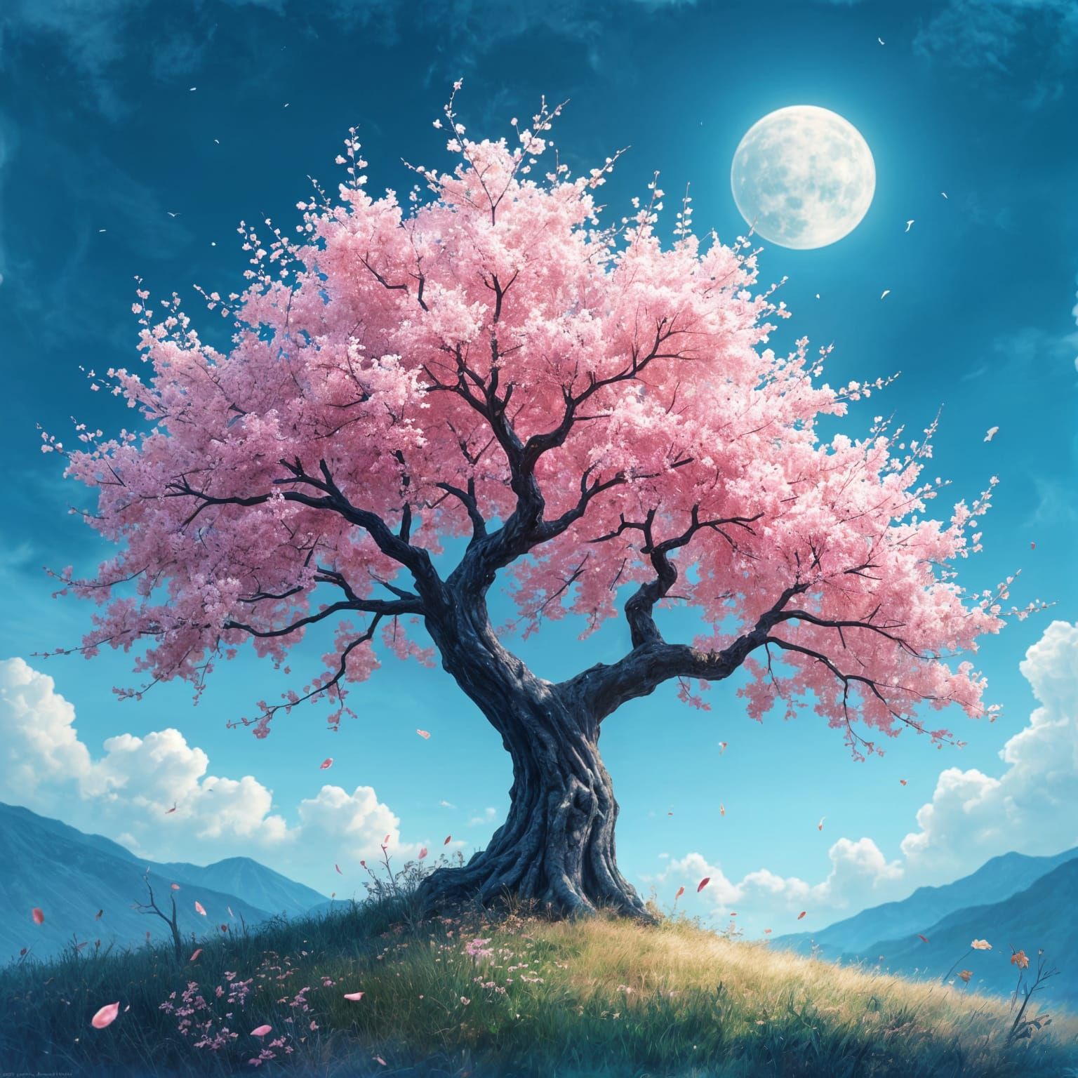 Watercolor Cherry Tree Under Moonlight, Fantasy Concept Art