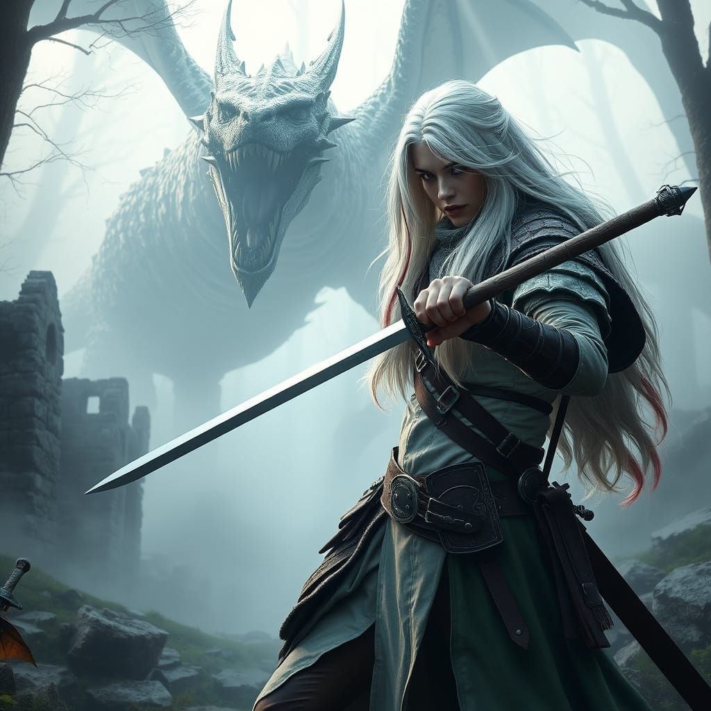 Ethereal Female Ranger Confronts Bone Dragon in Mystical For...