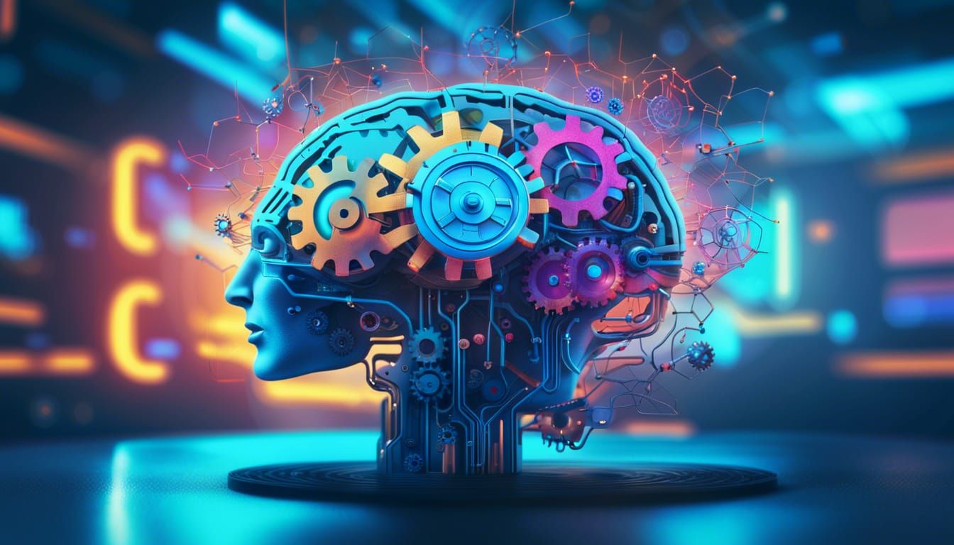 Vibrant Human Brain with Clockwork Mechanism: Digital Art