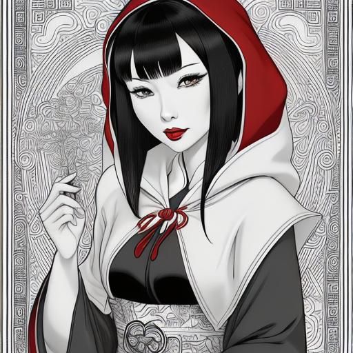 Monochrome Anime Coloring Page of Geisha Red Riding Hood