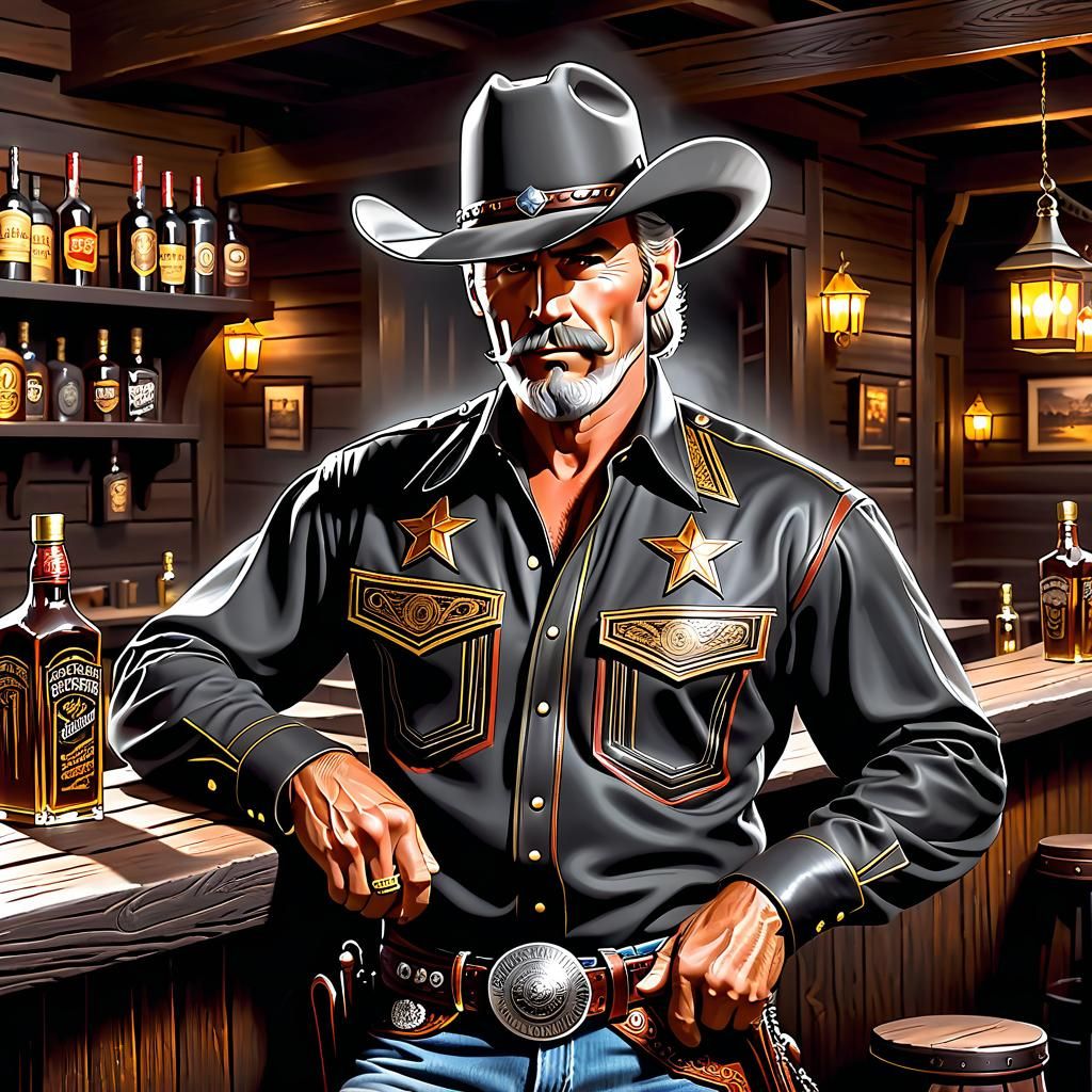 Mysterious Cowboy in Saloon, Charcoal Drawing