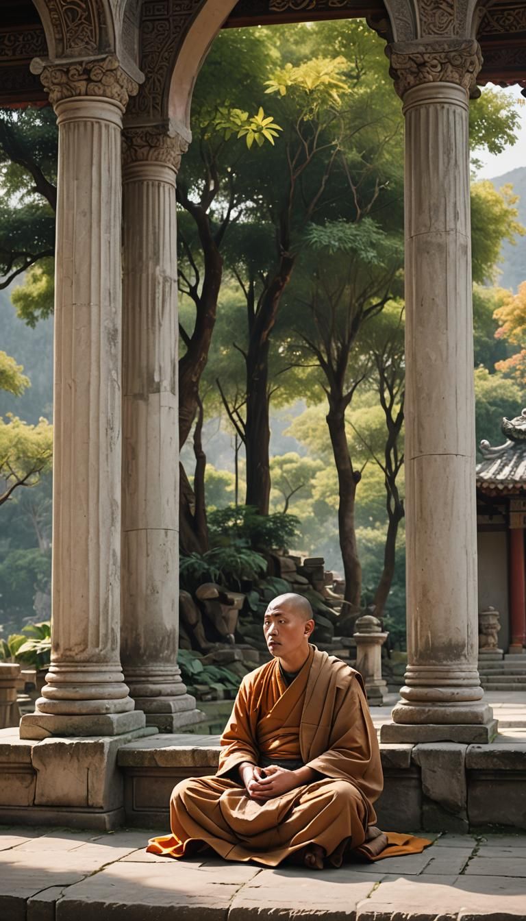 Serene Monk in Ancient Temple Garden