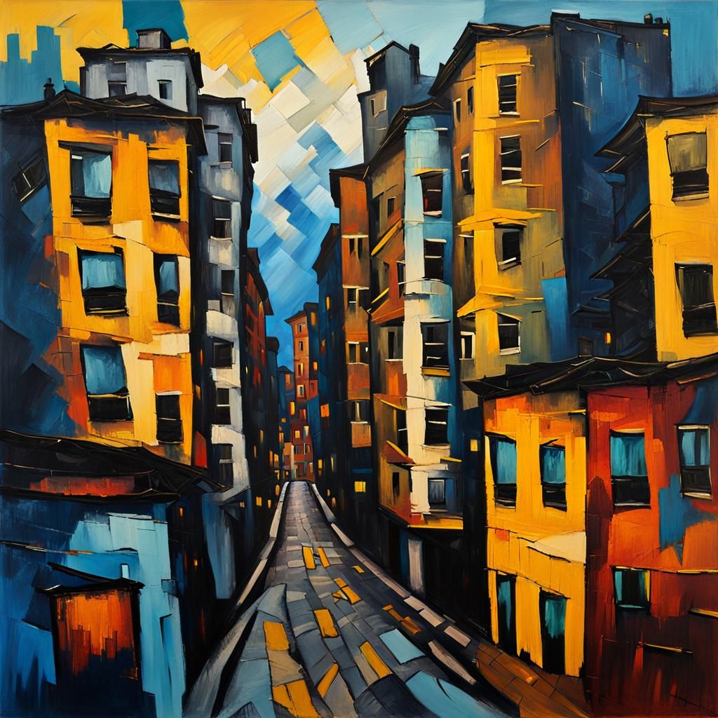 Expressionist Cityscape Oil Painting with Distorted Building...