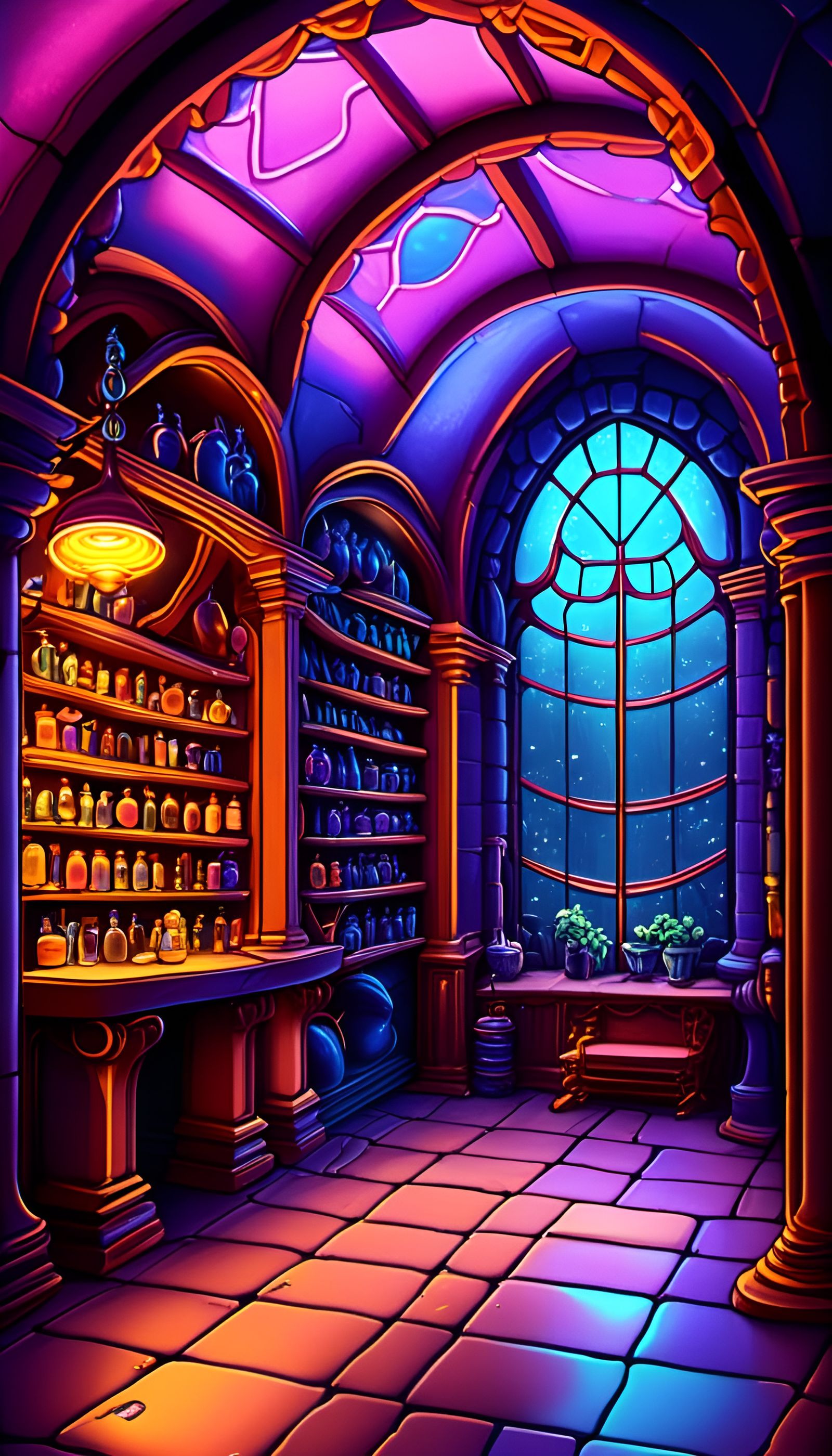 Psychedelic Fantasy Tavern Cellar with Neon Glow