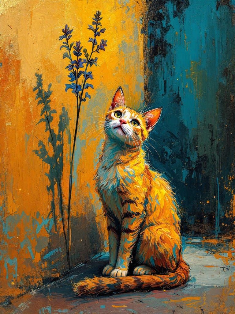 Adorable Cat Under Flower in Golden Hollywood Glamour Style