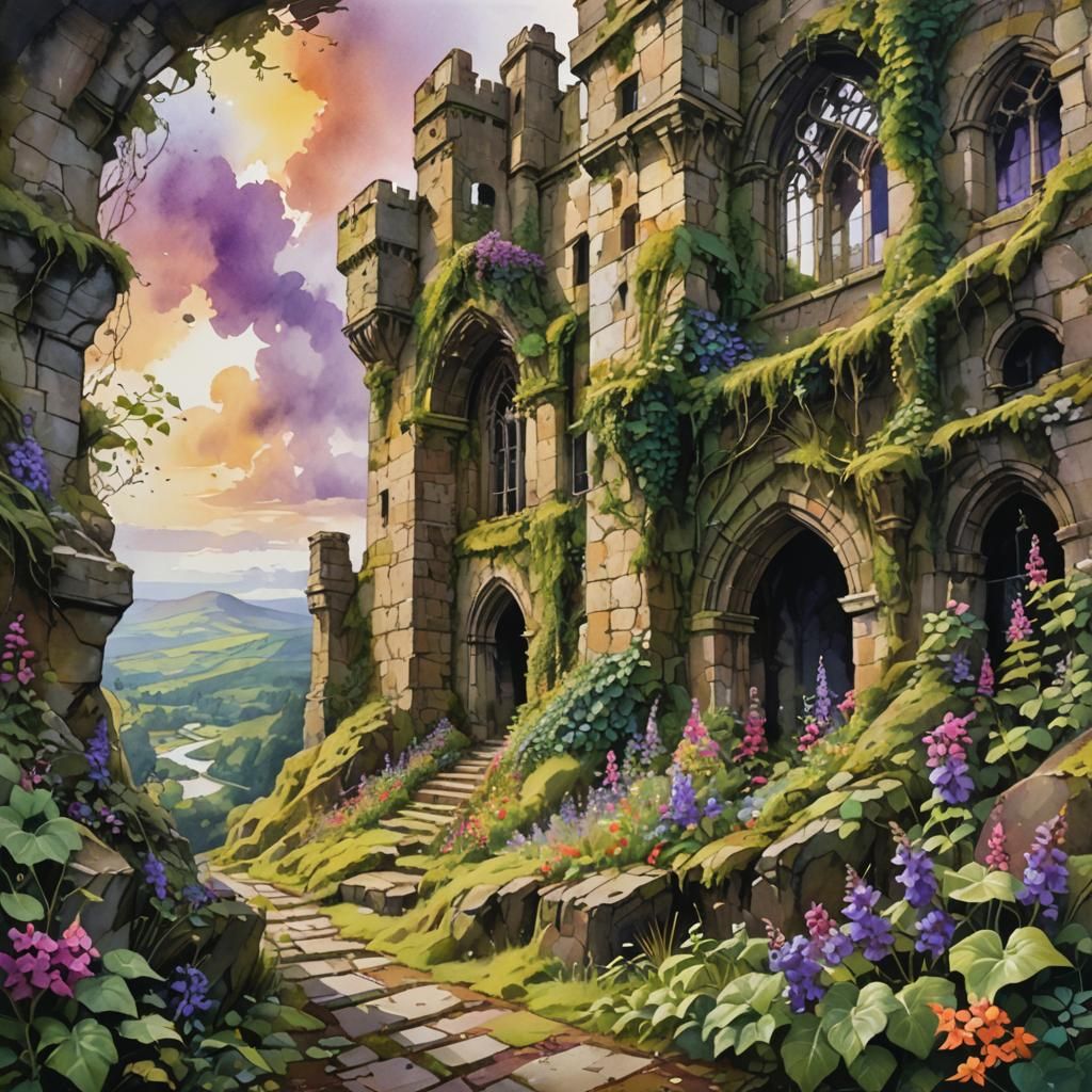 Scottish Castle Ruins: Vivid Landscape Painting