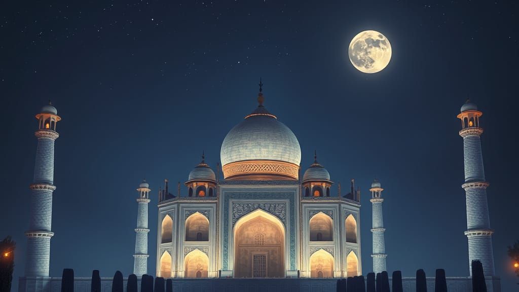 Majestic Taj Mahal Under Full Moon in Vibrant Colors