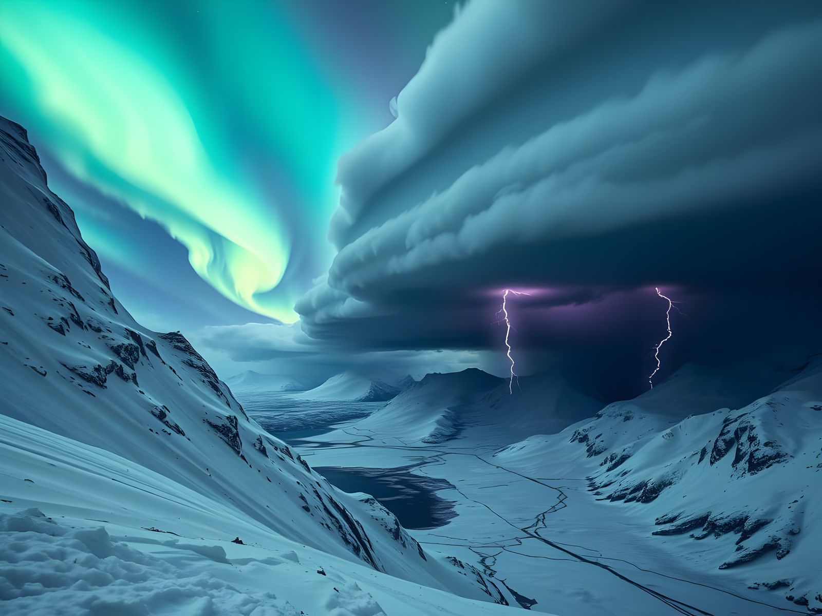Antarctic Mountain View with Aurora and Approaching Storm