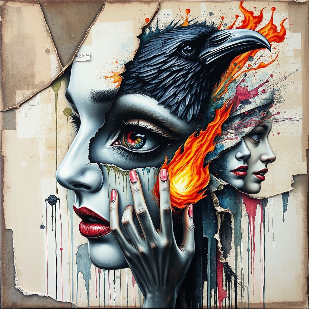 Surreal Raven: Mixed Media Painting of Emotional Chaos