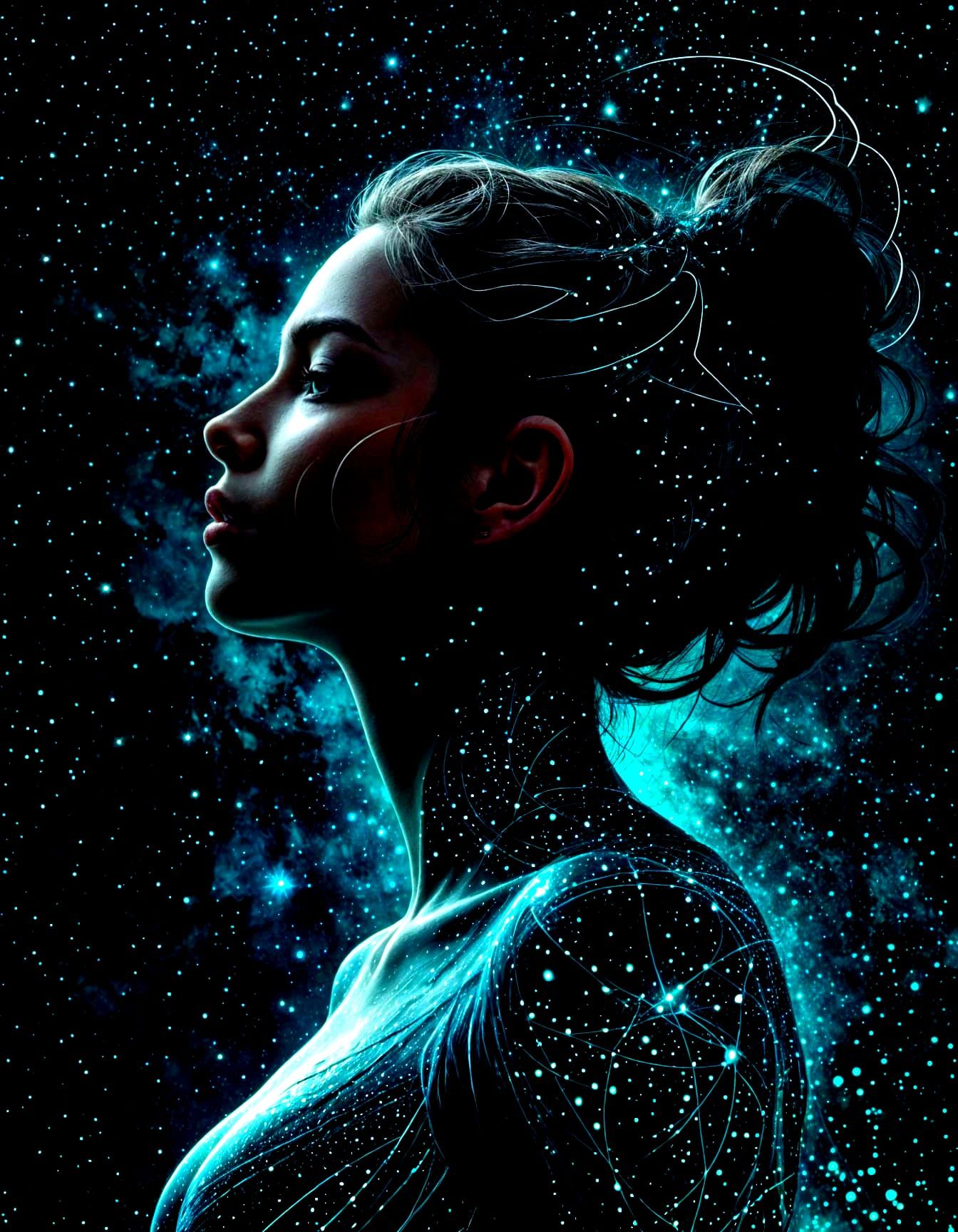 Constellation Woman Silhouette in Teal Nebula
