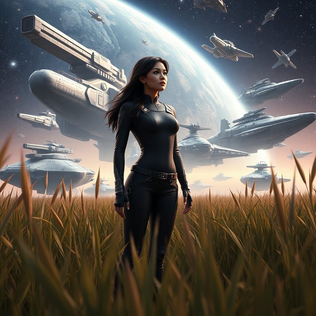 Brunette Gazes Upon Space Force Armada in Sci-Fi Epic