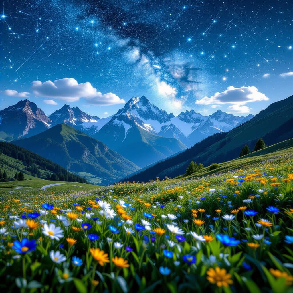 Hyperrealistic Mountain View with Cybernetic Flowers