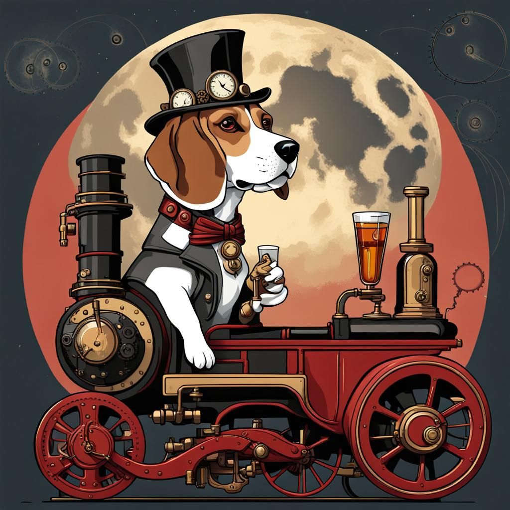 Beagle on Steampunk Engine Under Red Moon