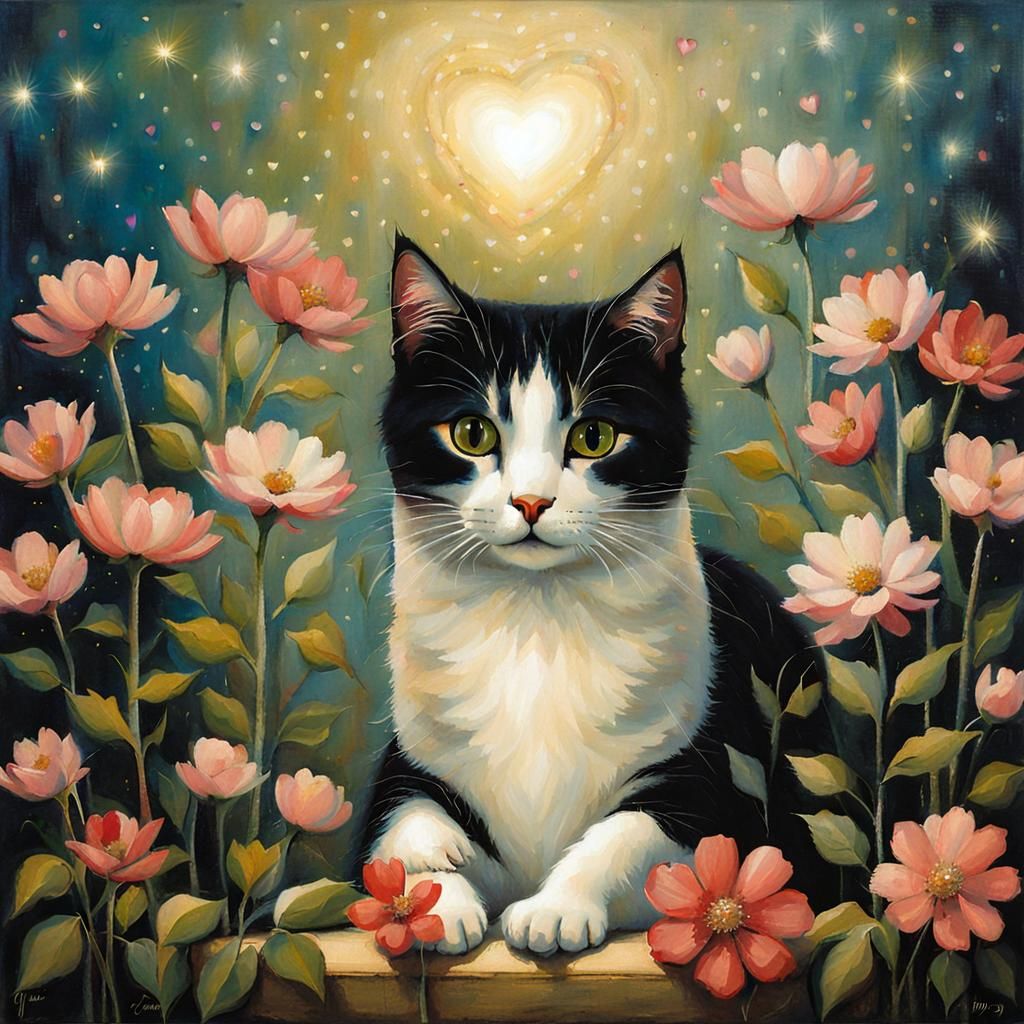 Cat Surrounded by Flowers in Watercolour Style