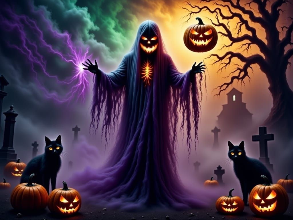 Halloween Witch Casting a Spell in Cemetery