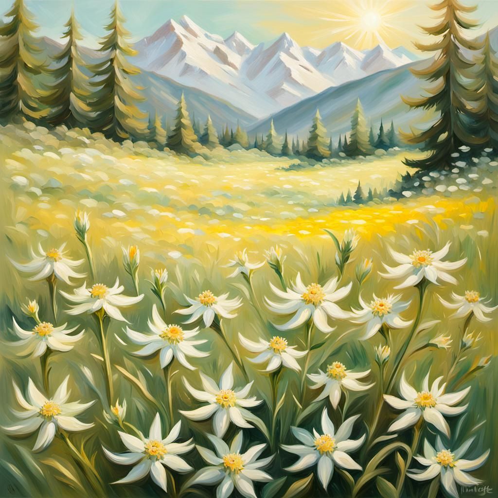 Edelweiss Meadow: Impressionist Oil Painting in Valley