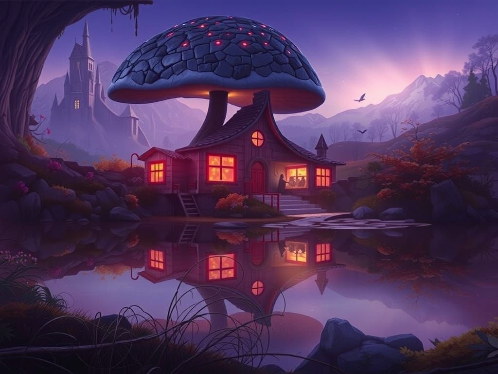 Elegant Mushroom Villages in a Vibrant Fantasy Landscape