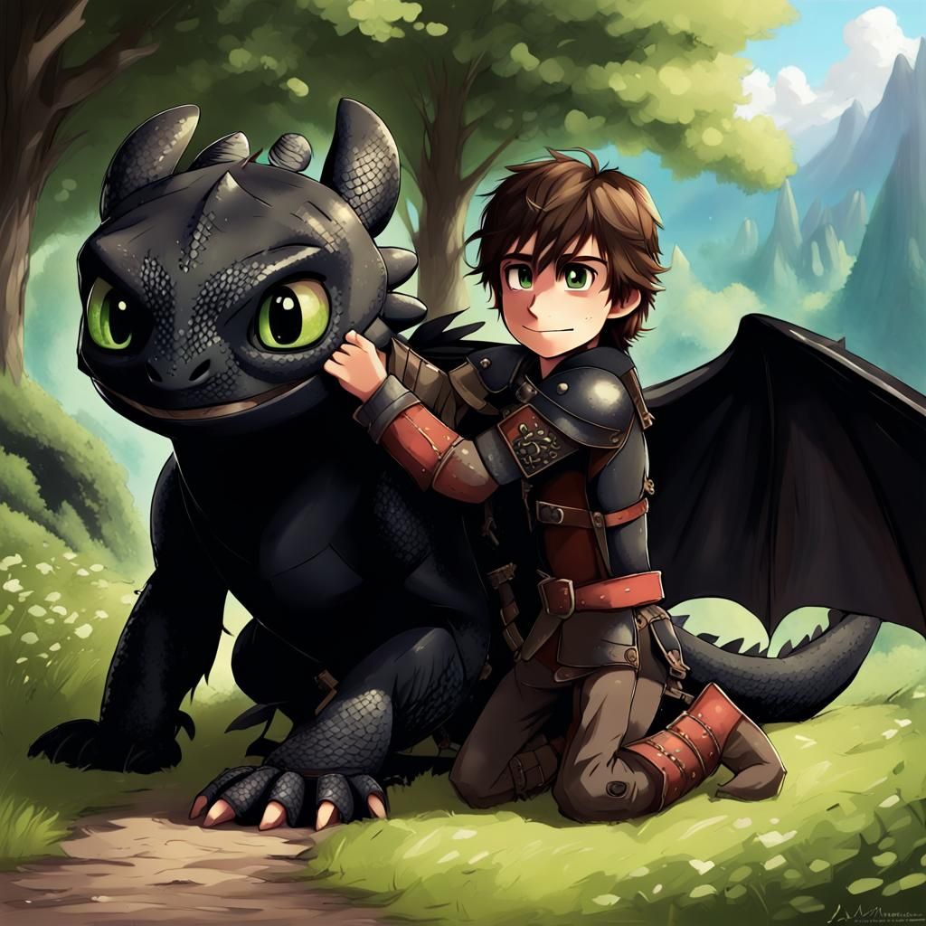 Hiccup and Toothless in Anime Style