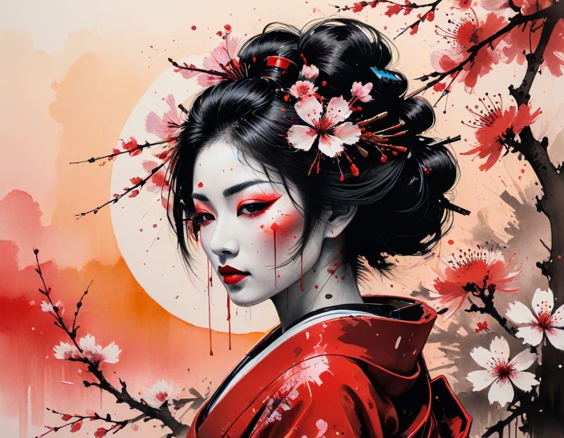 Geisha in Blossoms: Sumi-e Ink Sunset