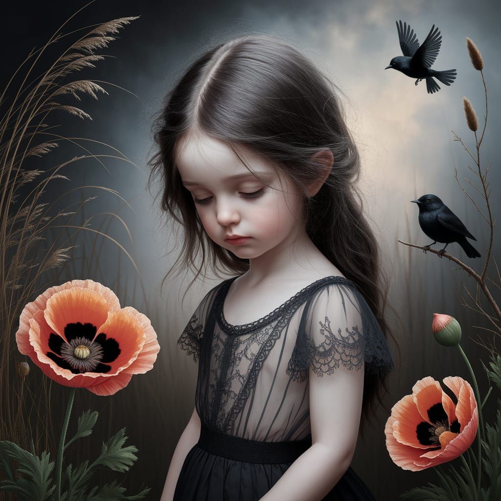 Melancholic Girl Portrait in Dark Fairytale Oil Painting