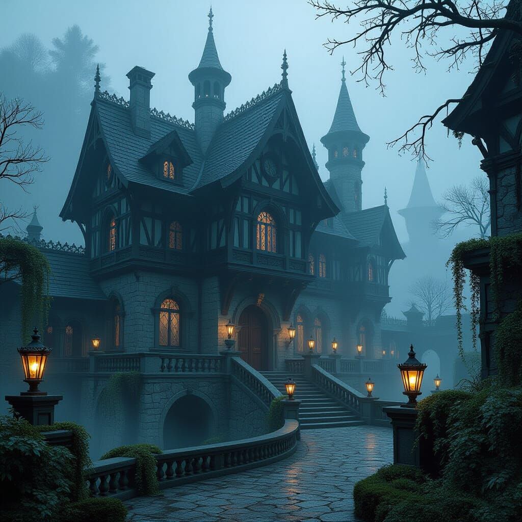 Gothic Estate in Misty Gardens, Ethereal Lanterns