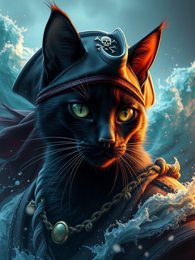 Pirate Black Cat Portrait in Stormy Seas