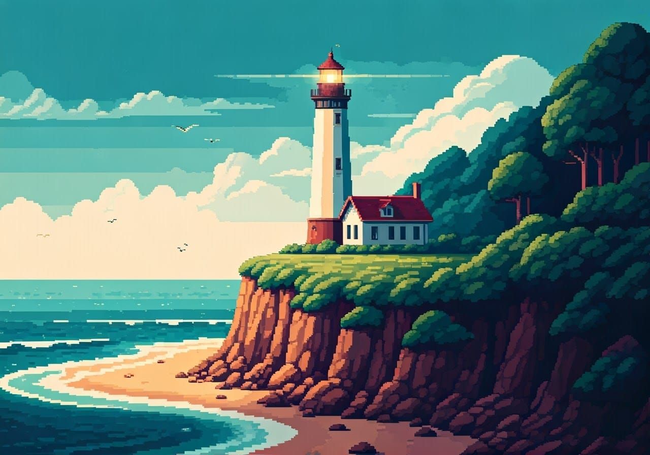 Pixel Art Lighthouse on Cliff in 16-bit Style
