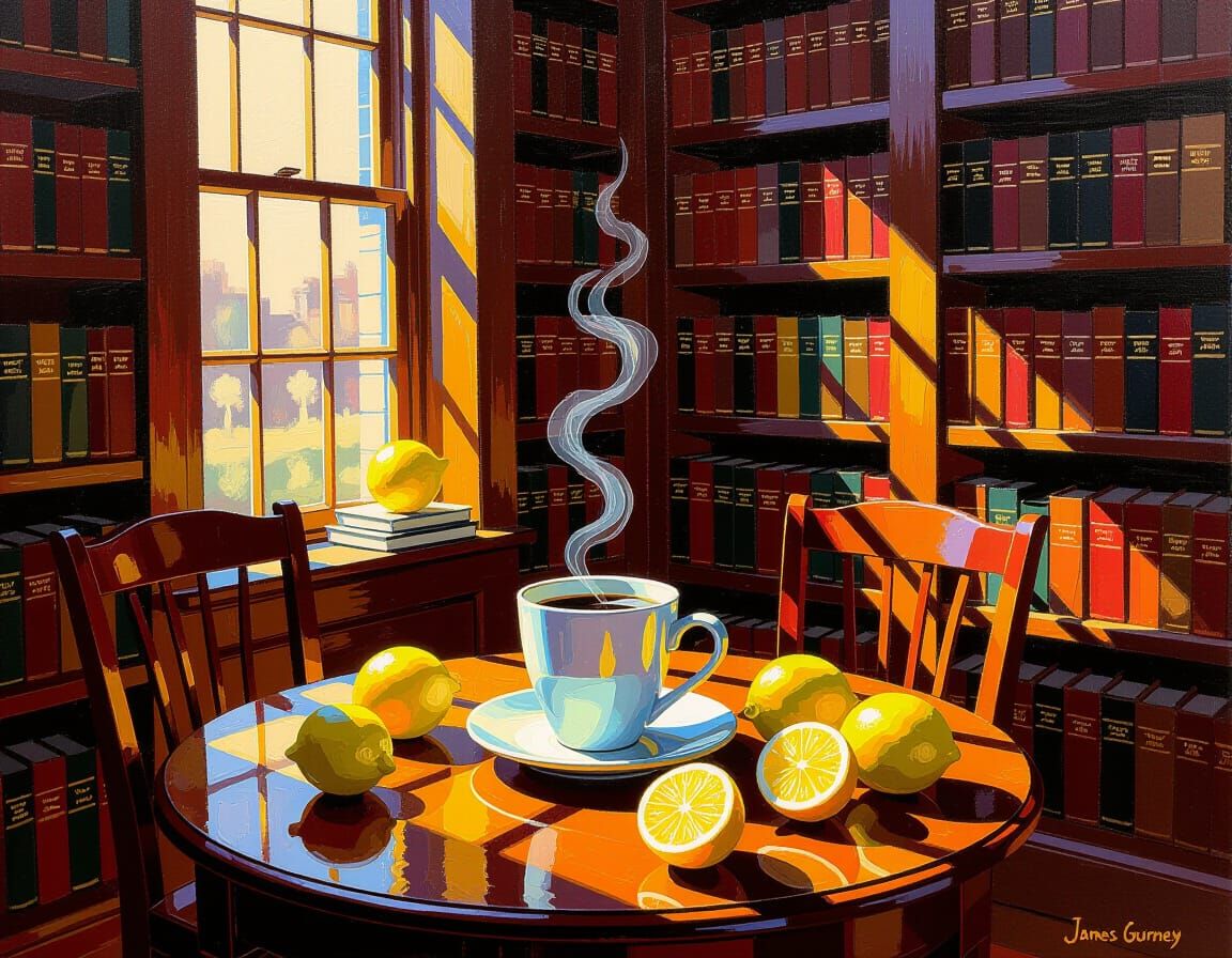 Abstract Expressionist Room with Bookshelves and Still Life