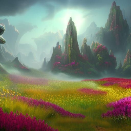 Fantastical Flower Field in Detailed Matte Painting