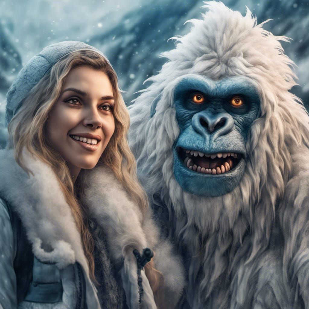 Woman and Yeti Take a Selfie: Hyperrealistic Masterpiece