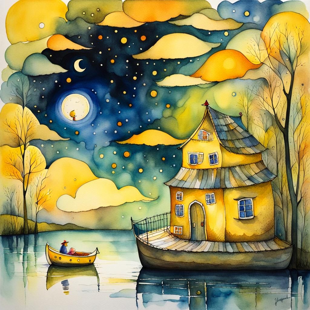 Ethereal Yellow Dreamscape Watercolor Painting
