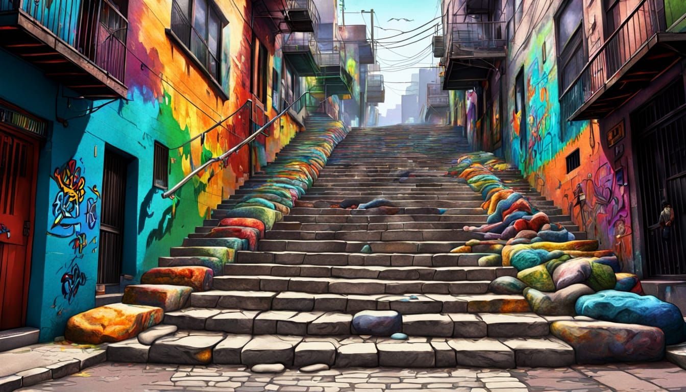 Realistic Street Scene with Vibrant Graffiti Artwork