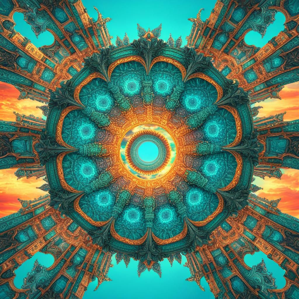 Turquoise Kaleidoscope Sunset: Digital Matte Painting
