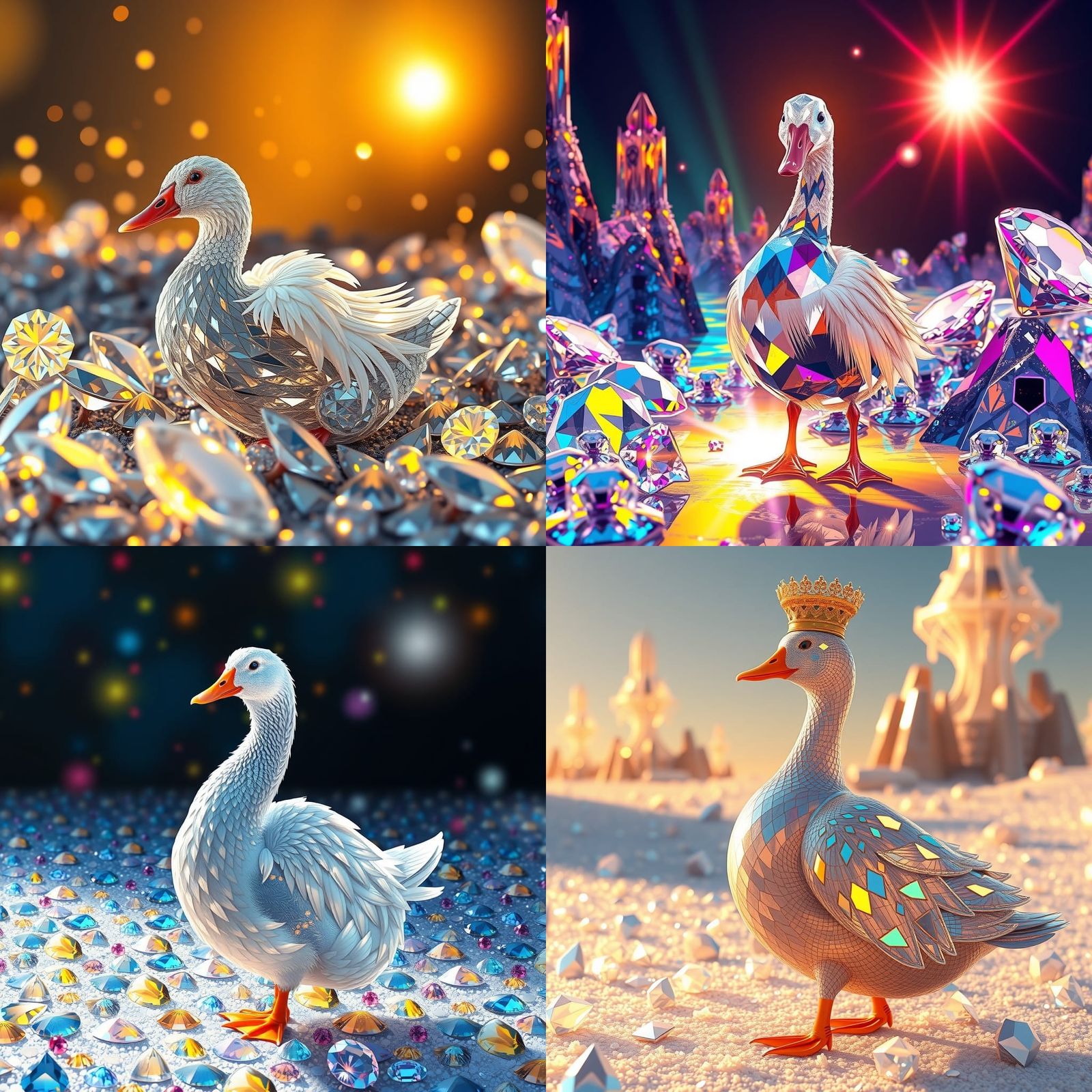 A diamond duck, in a land made of diamonds that glitter in t...