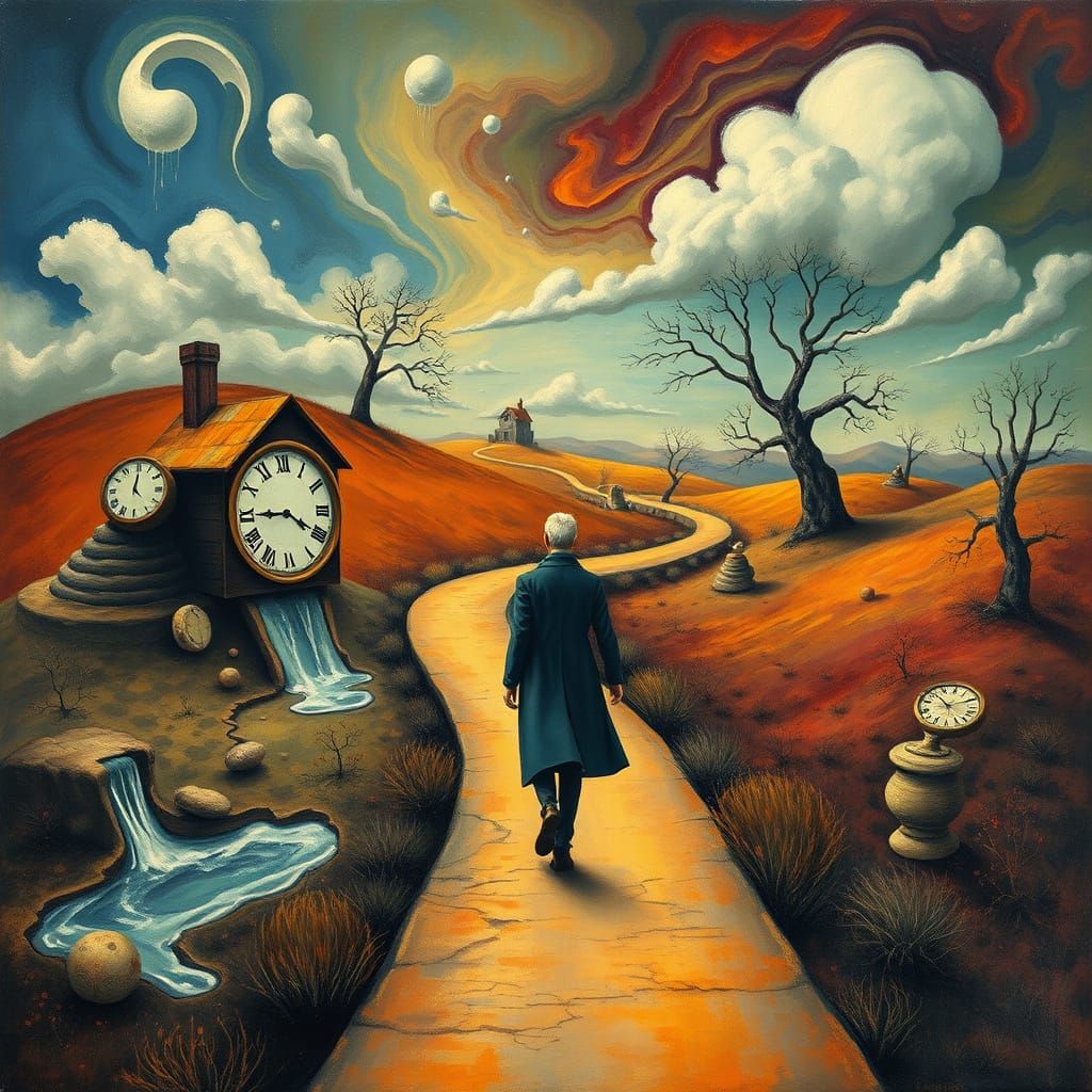 Surrealist Figure on Winding Path in Dreamlike Landscape