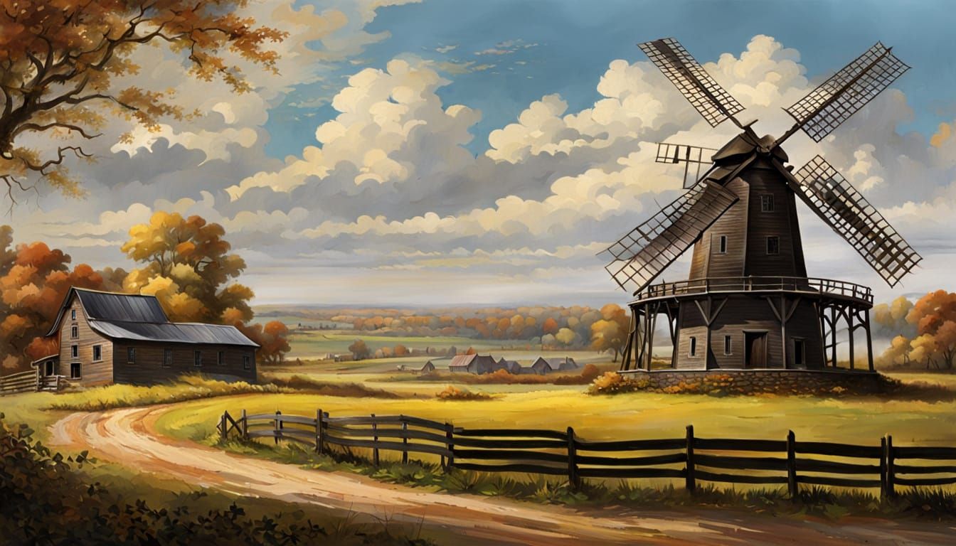19th Century Rural Midwest Windmill in Matte Painting Style