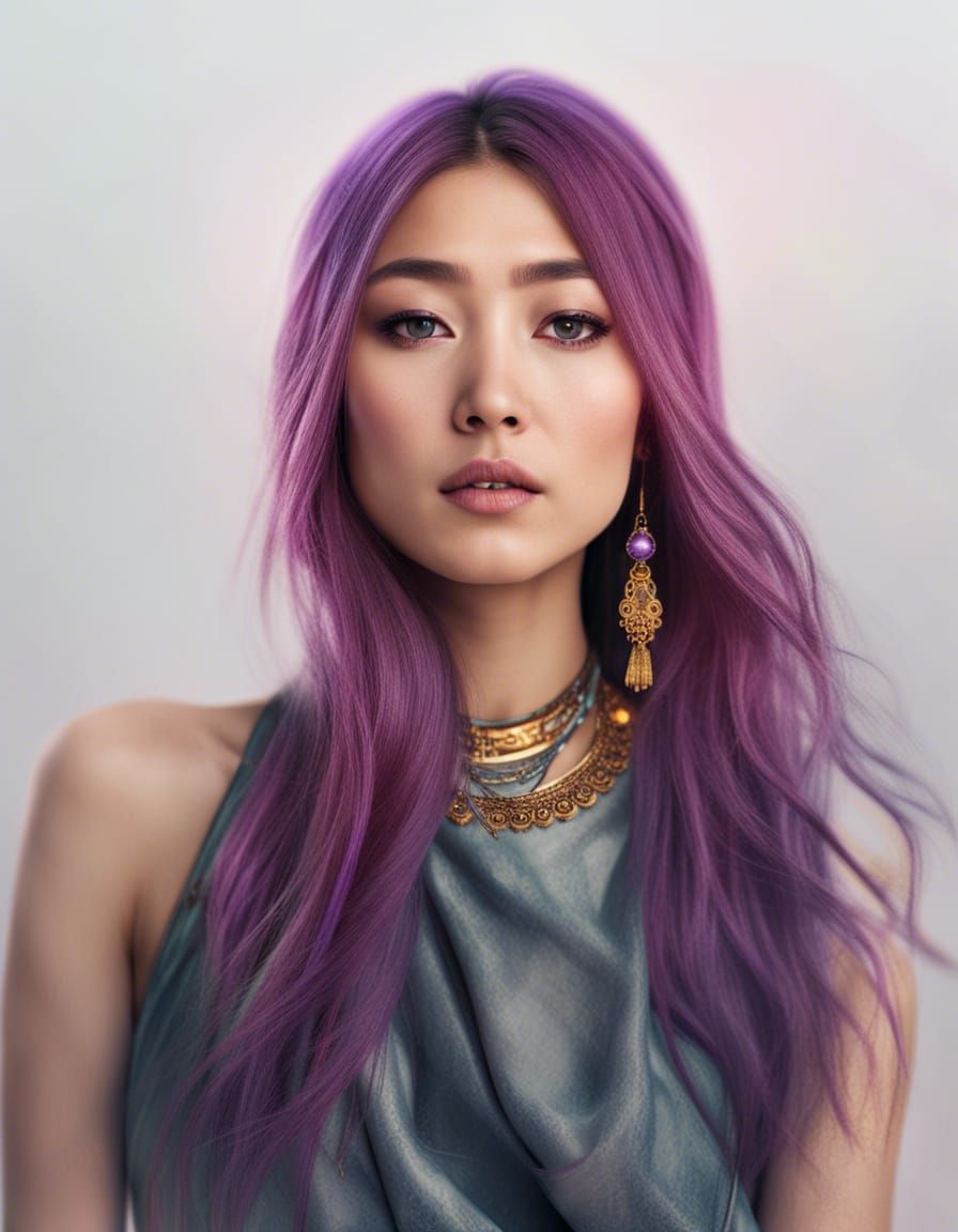 Asian Woman Portrait with Violet Hair and Kazakh Jewelry