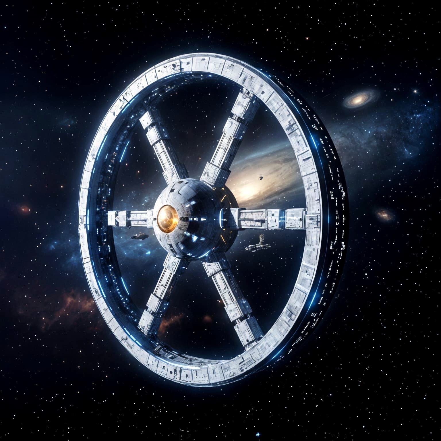 Wheel-Shaped Spaceship Drifting Among the Stars