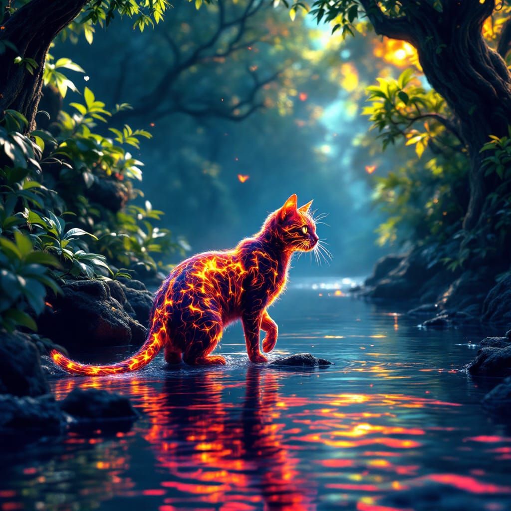 Iridescent Lava Cat Walking by Verdant River