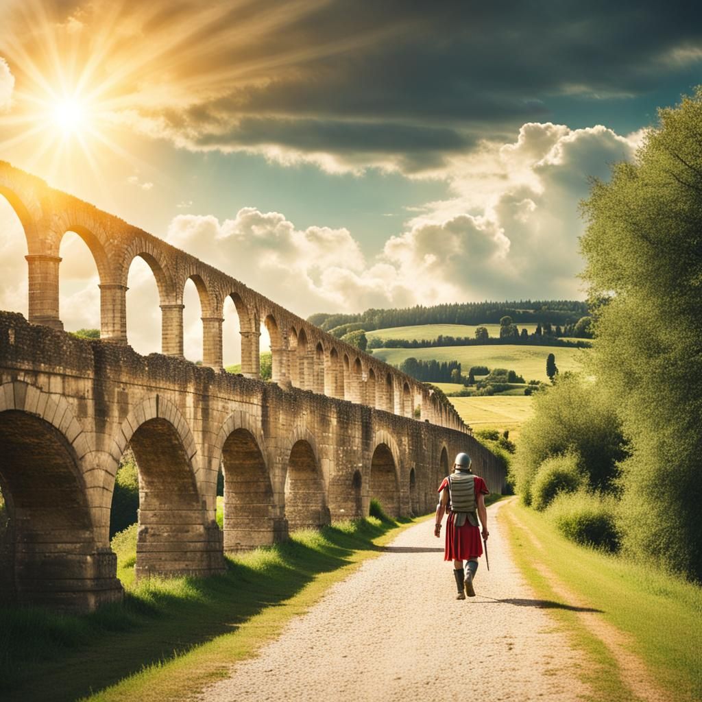 Roman Soldier on Aqueducts in French Countryside