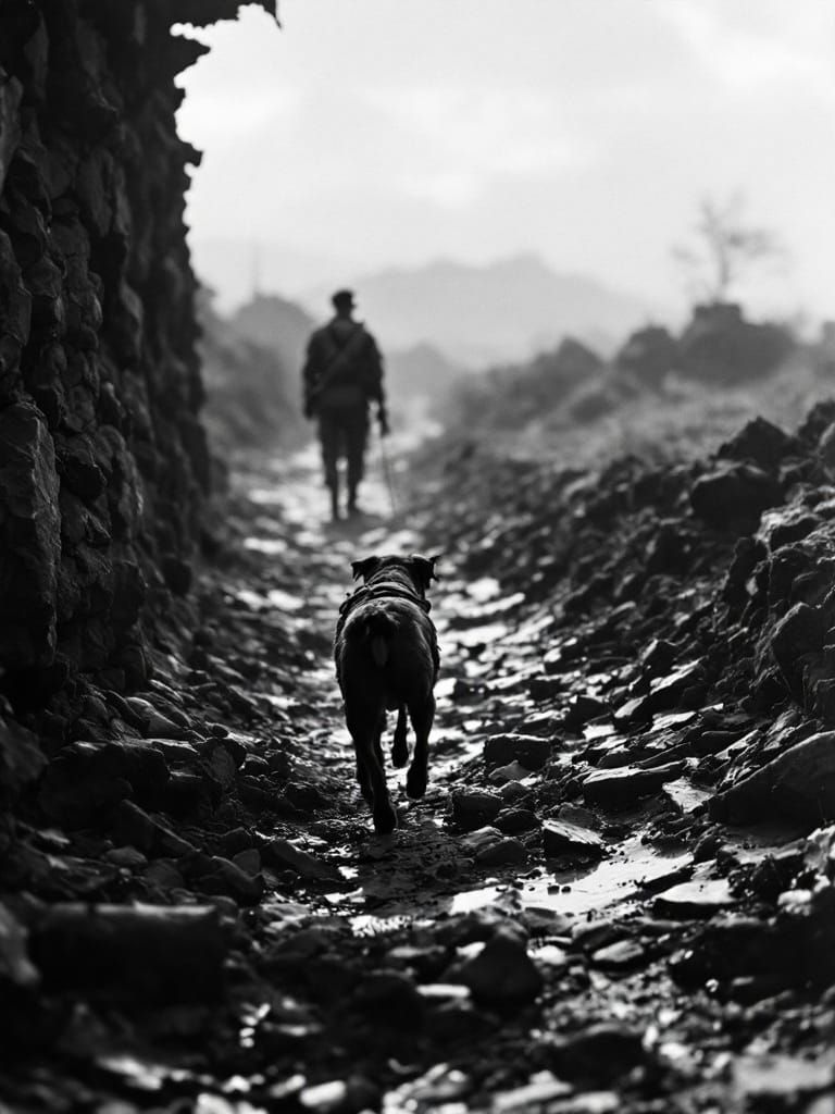 Wartime Dog Silhouette in Misty Rubble