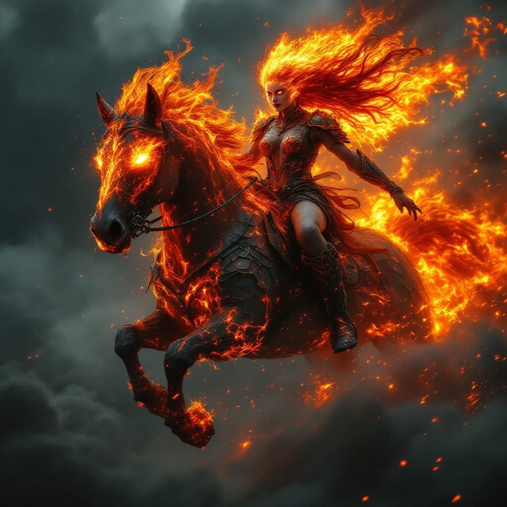Fire Goddess riding her fire horse, both made of fire