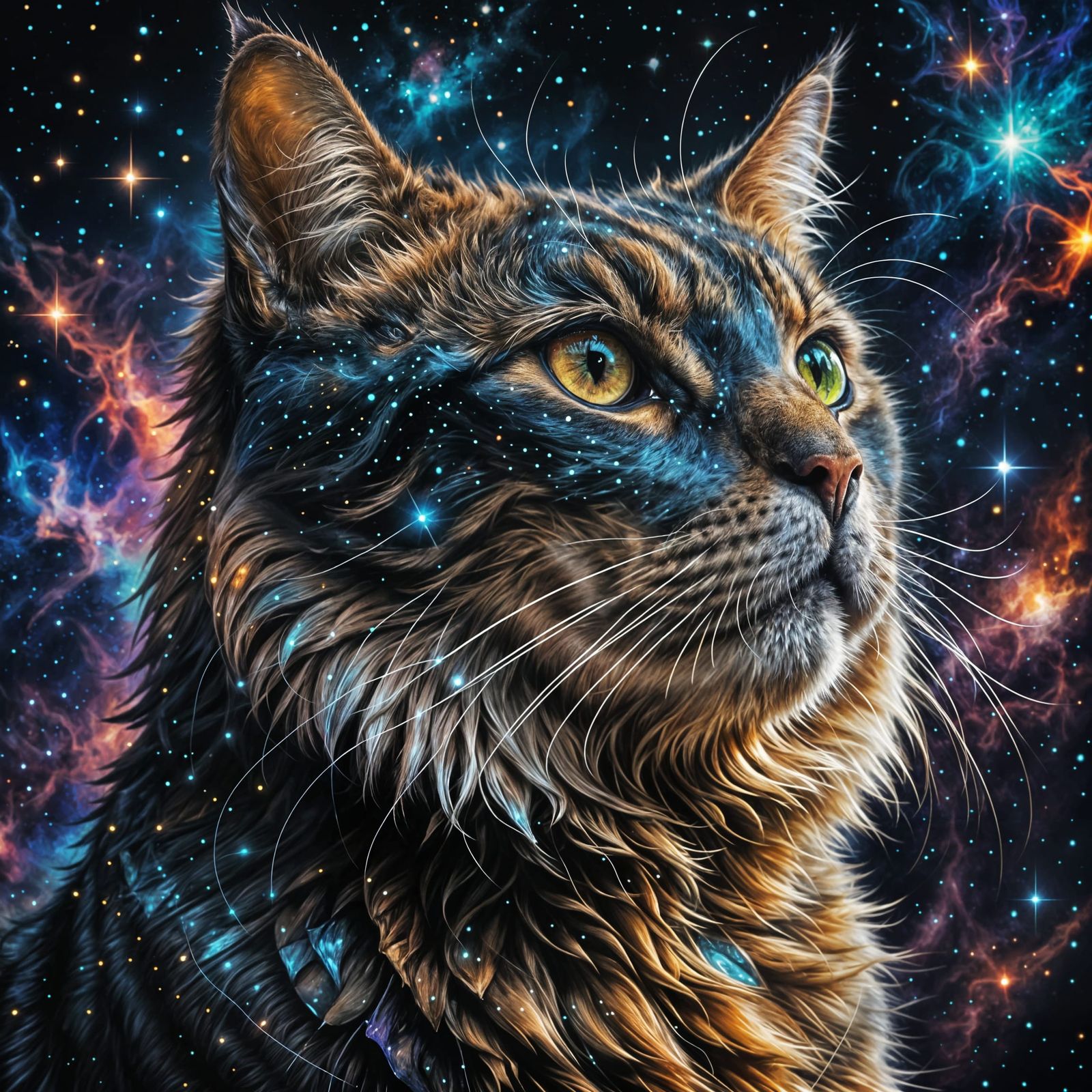 Cosmic Whiskered Feline in Celestial Splendor