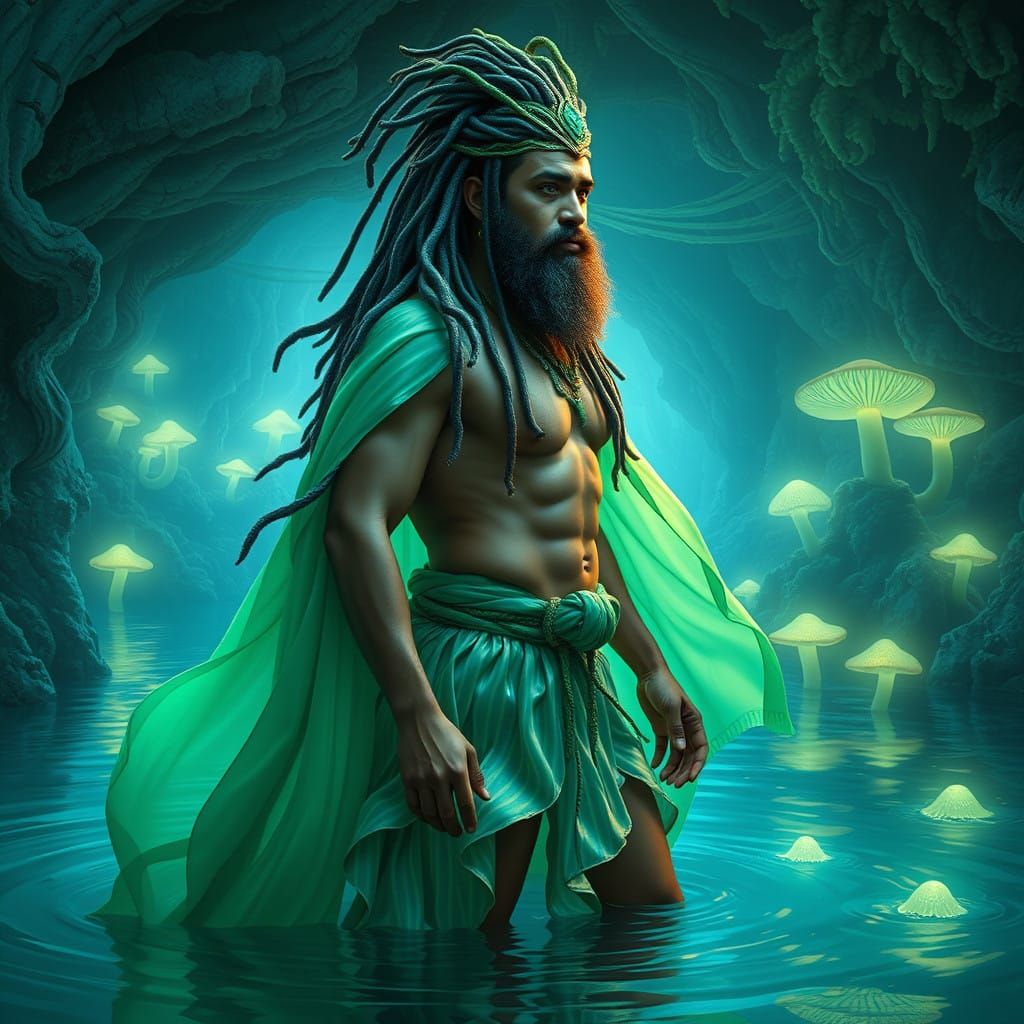 Majestic Water Man with Emerald Headdress and Wavy Dreadlock...