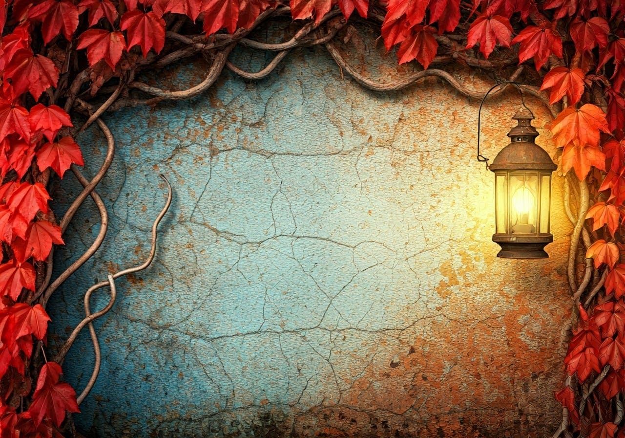 Vintage Textured Wall with Whimsical Vines and Autumn Blooms