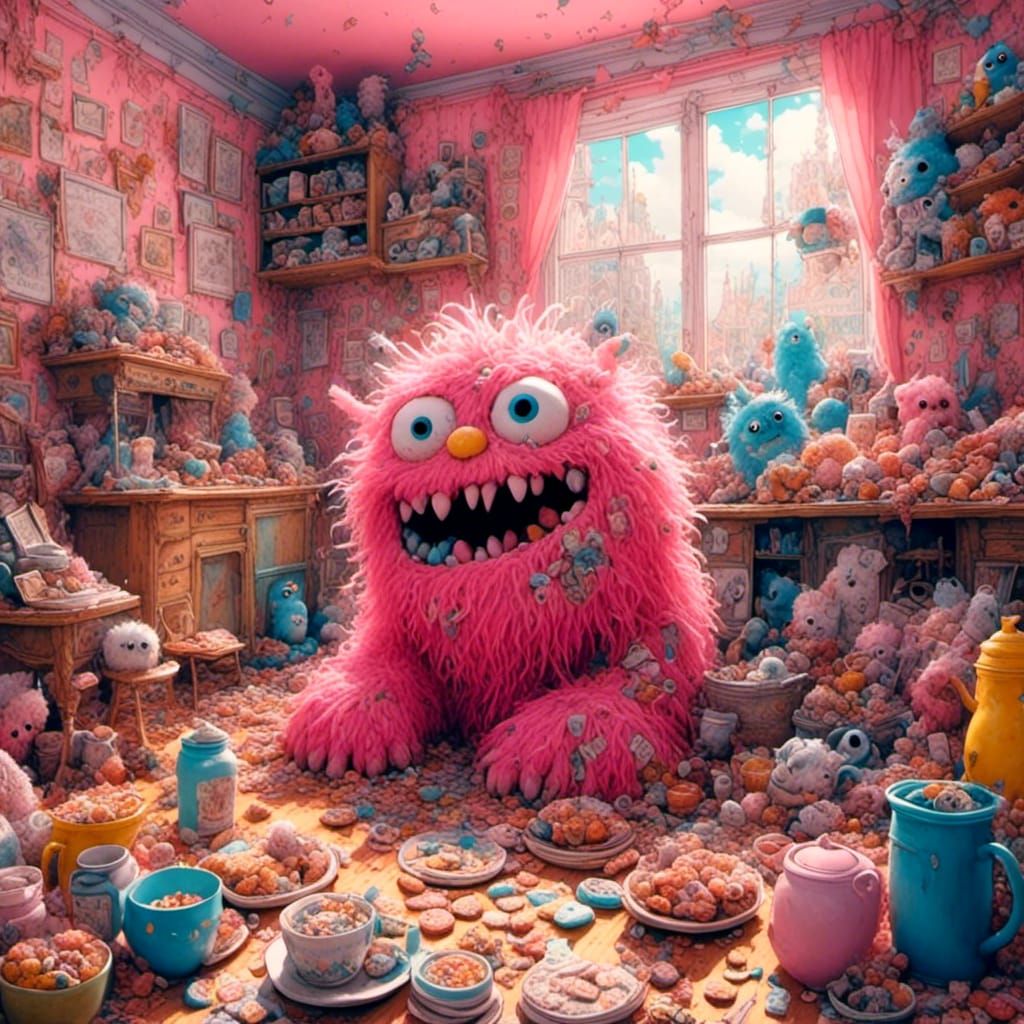 Pink Cookie Monster in Studio Ghibli Style
