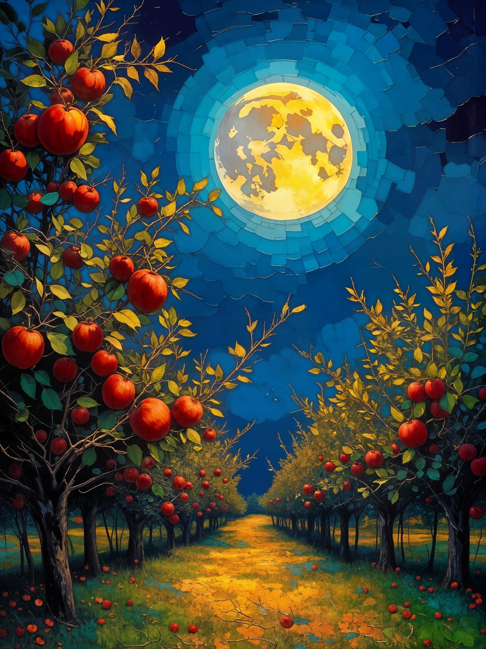 Impasto Oil Painting of Moonlit Apple Orchard