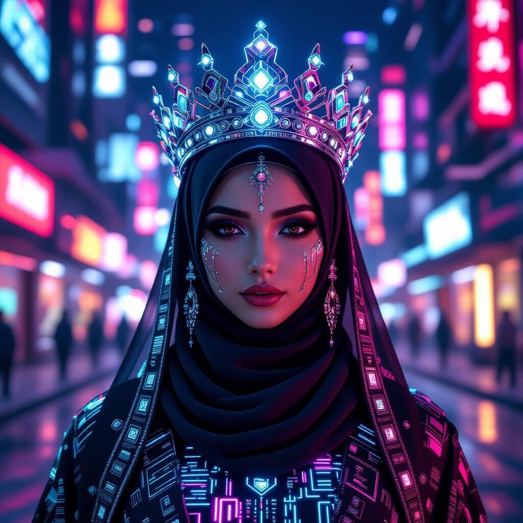 Cyberpunk Hijabi Empress in Neon Megacity